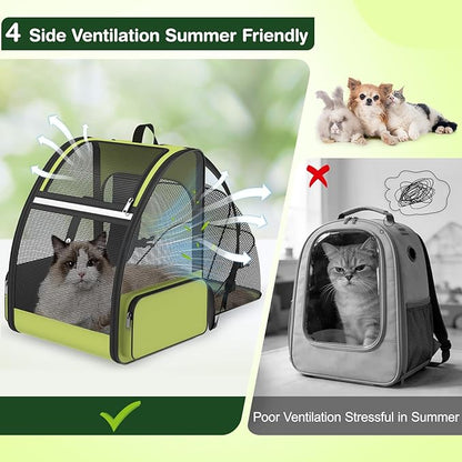 Cat Backpack Carrier for Travel Hiking: Expandable Foldable Breathable Mesh Soft Sided Ergonomic Design Small Dog Puppy Kitty up to 15lbs Camping Outdoor Green