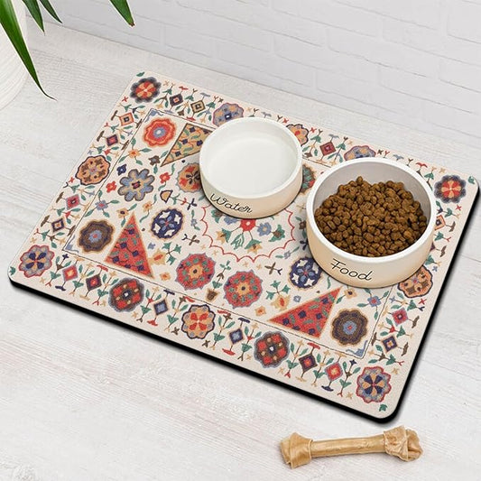Moroccan Trellis Dog Food & Water Mat, Boho Colorful Vintage Pet Feeding Mat for Floor Non-Slip Waterproof, Super Absorbent Cat Bowl Mat, Easy to Clean Durable Pet Placemat,12" × 20"