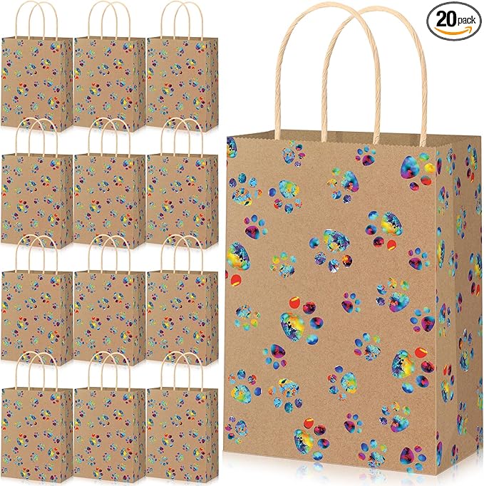 Blulu 20 Pcs Puppy Dog Paw Gift Bags with Paper Twist Handles, Dog Gift Paper Paw Treat Goodie Bags for PET Treat Party Favor, 6.3 x 3.1 x 8.6 Inch(Kraft Backing, Dazzling Paws)
