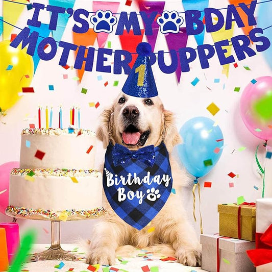 Dog Birthday Party Supplies, Multi Sizes Dog Birthday Hat with Numbers Bandana Bow Tie It’s My Bday Mother Puppers Sign Banner for Large X-Large Dogs Pets (X-Large, Blue)