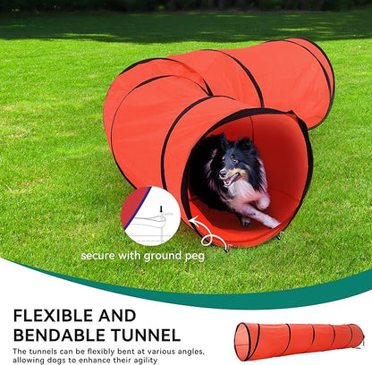 YITAHOME Dog Agility Training Equipment Set with Flexible Tunnel, Hurdle, Jump Ring, 6 Weave Poles, Pause Platform, Teaser Pole and Carry Bags for Indoors Outdoors, Orange/Blue