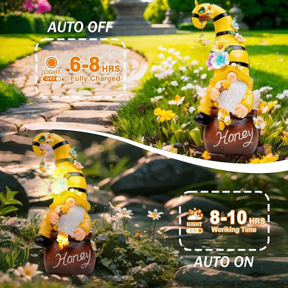 Birthday Gifts from Daughter Son - 13" Garden Solar Spring Gnomes Statues Outdoor Spring Decor with LED Lighted Bee and Flowers Funny Garden Sculpture for Patio Yard Lawn Decorations Gifts