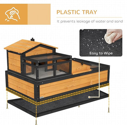 PawHut 3- Room Tortoise House Habitat with Balcony & 2 Stories, Indoor/Outdoor Wooden Tortoise Enclosure with Ladder, Tray, Openable Roof, Large Reptile Cage, 44" x 25.5" x 23", Yellow