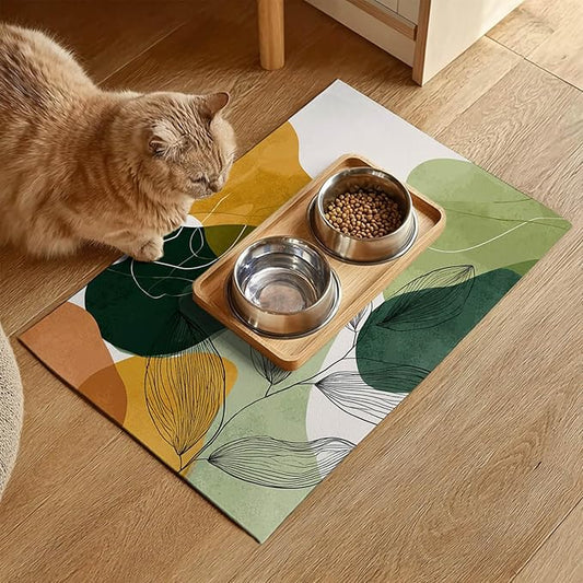Modern Abstract Leaf Design Pet Feeding Mat 20" x 12" Pet Food Mat Non Slip Mat for Dog Food and Water Bowls Easy Clean Dog Bowl Mats Pets Placemat for Kitchen Pets Feeding Area Decor