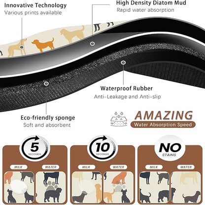 Cute Dog Cat Food Mat,Color Silhouette Absorbent Pet Feeding Mat with Rubber Backing,Non-Slip Water Bowl Placemat,Indoor Pet Accessories Supplies 12"x20"