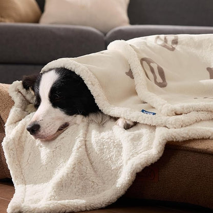 Bedsure Waterproof Blanket for Bed - Soft Print Sherpa Fleece Pet Cat Dog Blankets for Large Dogs Couch Protection, Soft Plush Reversible Furniture Protector, Twin Size, 60"x80", Beige