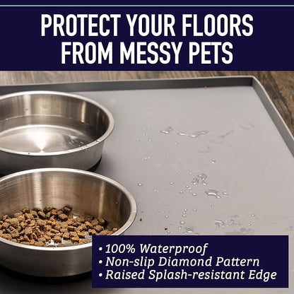 Leash Boss Waterproof Silicone Pet Feeding Mat - Raised-Edge Spill Containment Dog Placemat - Non-Slip Dishwasher-Safe Pet Food Mat for Bowls - 20 x 13 in, Gray