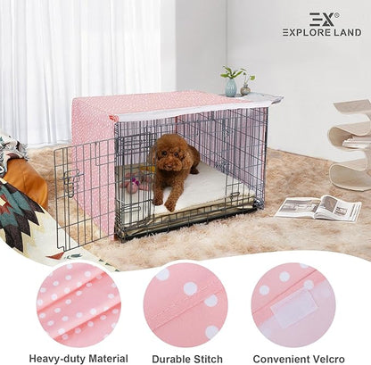Explore Land Pattern Dog Crate Cover for 42 Inches Wire Cage, Heavy-Duty Polyester 1 2 3 Doors Standard Metal Pet Kennel Enclosure (Princess Pink)