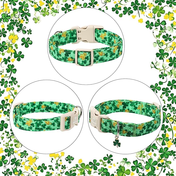 St. Patrick's Day Dog Collar for Large Dogs - Green Shamrock & Yellow Flower Print Dog Collars, Cute Irish Party Puppy Collar, Lightweight Adjustable St. Patricks Day Pet Collars L