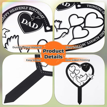 BUoonyer Stake Graves Cemetery Decorations - Dad Metal Memorial Grave Markers, Father Heart Graveyard Sympathy Plaque, Happy Heavenly Birthday Remembrance Graveside Burial Decor Sign for Outside Yard