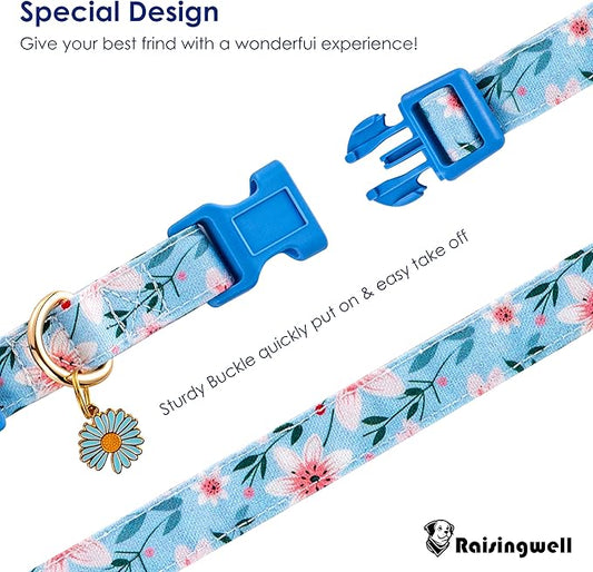 Cotton Dog Collar Blue Flower Pattern for Boys and Girls Cute Dog Collars Summer Fall Gift Adjustable for Small to Medium Breed Dogs (XS)