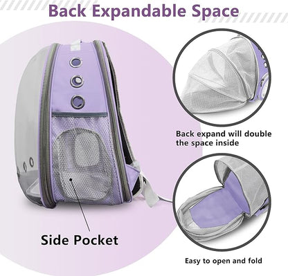 Cat Backpack Carrier Back Expandable Bubble Pet Carrier Backpack for Large Cat, Kitten and Dog, Designed for Hiking, Travelling and Outdoor Use (Back Expandable-Purple)
