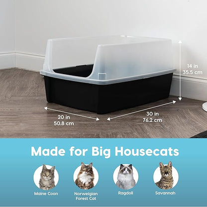 IRIS USA XX-Large Cat Litter Box, Open Top Extra Large Litter Box for Big Cats and Multi-Cat Households, High Sided Scatter Shield, Easy to Clean, 30"L x 20"W x 14"H, Black
