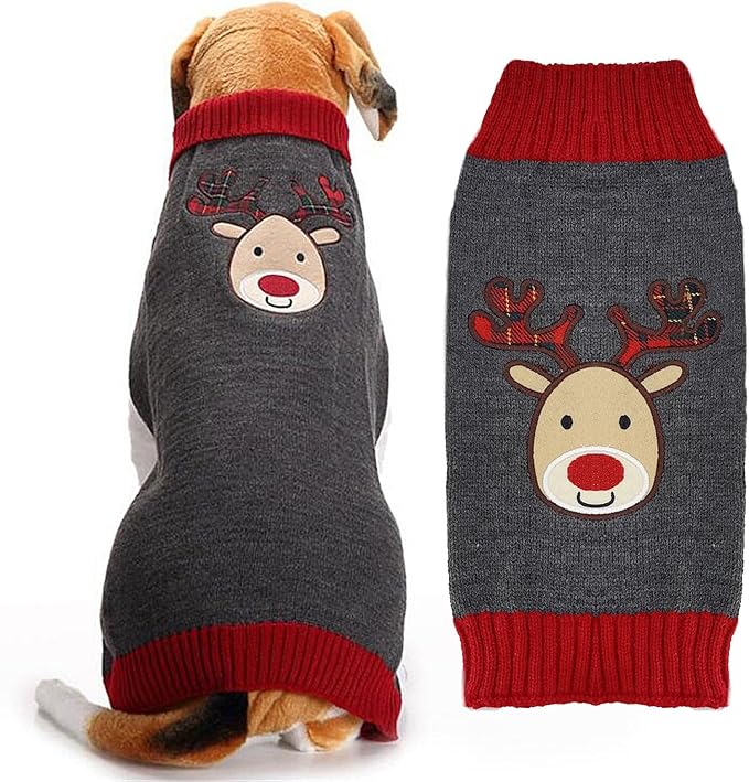 Dog Christmas Sweater Xmas Pet Clothes Cute Gray Reindeer Holiday Puppy Cat Costume New Year Gifts for Small Medium Large Dogs Jumpers (XXL, Gray Reindeer)