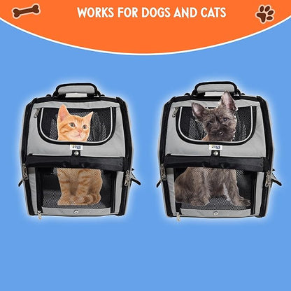 Expandable Pet Backpack Carrier – Dog & Cat, Bonus 2 Collapsible Pet Bowls, Travel Bag with 4-Way Entry, Mesh Windows, Storage Pockets, Secure Zippers, Washable Cushion