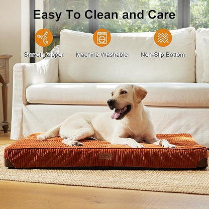 FUKUMARU Dog Bed, Thickened Corduroy Orthopedic Dog Beds with Washable Cover, Large Waterproof Dogs Bed for Crate, 28D Egg Crate Foam Support Pet Mat, Cozy Pet Bed Pad with Anti-Slip Bottom, Orange