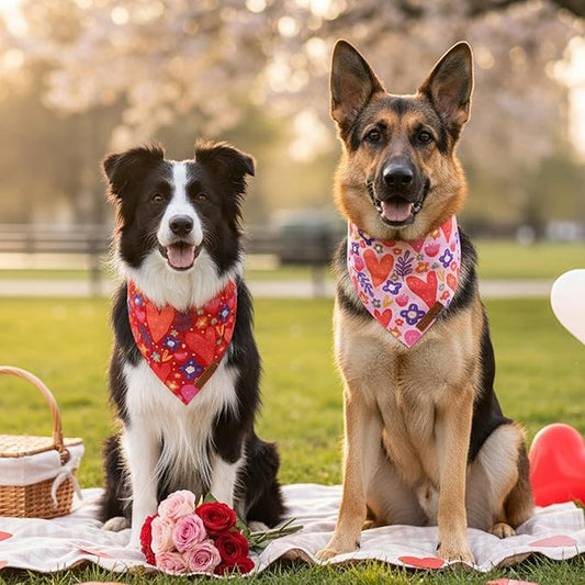 ADOGGYGO Valentines Dog Bandana 2 Pack, Heart and Floral Print Pet Scarf Bib, Adjustable Fit Red Pink Valentines Bandanas for Medium Large Dogs (Large)