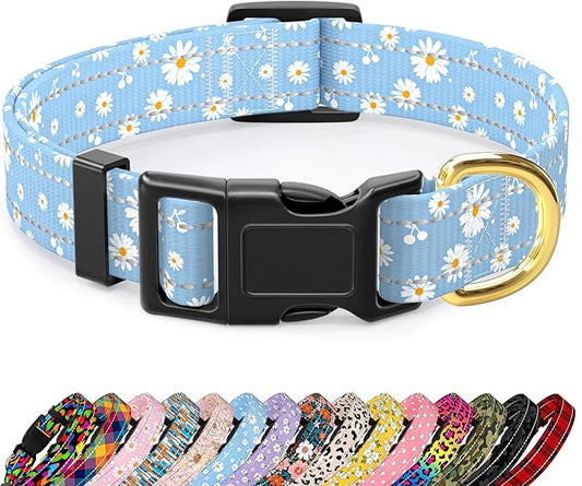 Reflective Dog Collar for Extra Small Dogs, Cute Daisy Theme Adjustable Heavy-Duty Nylon Puppy Collar for Boy and Girl Female, Soft Pet Accessories with Quick Release Buckle, Neck 8-12", Blue