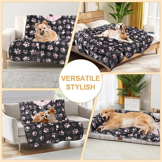 Dog Blankets for Large Dogs,Washable Pet Blanket, Soft Crate Bed with Paw Pattern for Kennel/Couch, Grey & Pink 80x60 Inch