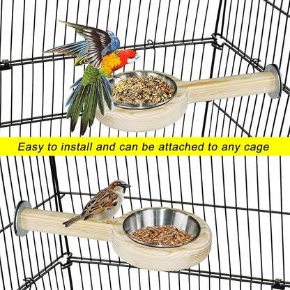 ASOCEA 2 Pack Bird Perch Feeding Cup, Bowls for Cage Wooden Perch Stand Hanging Bowls for Bird Cage Accessory Parrot Wood Perch Stand Toy for Parakeet Lovebird Cockatiel Budgie