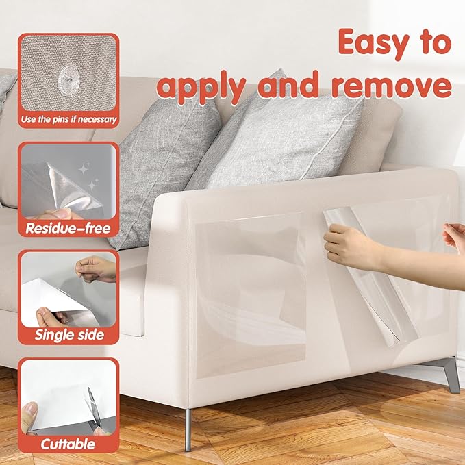 18 PCS Large Cat Scratch Furniture Protector, Transparent Couch Protector from Cat Claws, Single-Sided Self Adhesive Anti Pet Deterrent Sofa Cover, 14IN