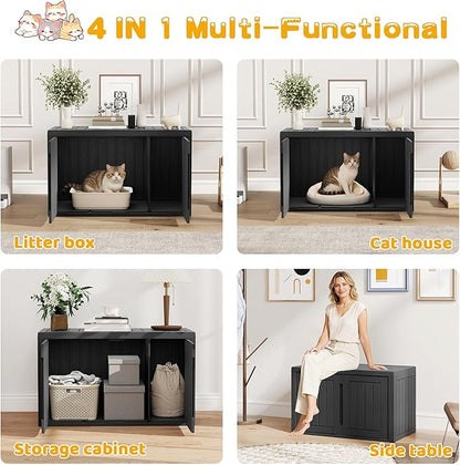Cat Litter Box Enclosure, Multi-Functional Hidden Enclosed Litter Box Furniture with Adjustable Partition, Indoor Outdoor Cat House Weatherproof, Side Table, Easy to Clean & Assemble, Black