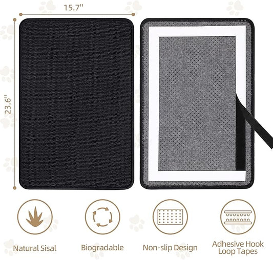 Black Cat Scratching Mat Sisal, 2 Packs Sisal Fabric Large Cat Scratching Pad for Indoor Cats with Adhesive Hook Loop Tape, Wall Scratchers for Indoor Cats 23.6" x 15.7"