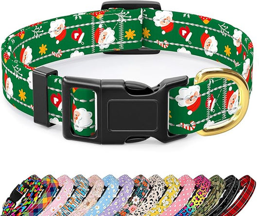 Reflective Dog Collar, Cute Christmas Style Dog Collar for Small Dogs, Soft Nylon Puppy Collar for Boy and Girl Female Dog, Adjustable Heavy-Duty Pet Collars with Quick Release Buckle, Green