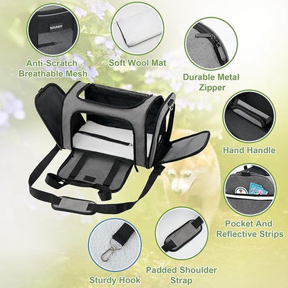 Soundy Large Cat Carrier Dog Carrier Under 25 Lbs,Collapsible Ventilated Portable Pet Bag with Soft Sided Breathable Mesh for Long Car Trips Maxi Load 2 Kittens or Small, Medium Dog (Large Grey)