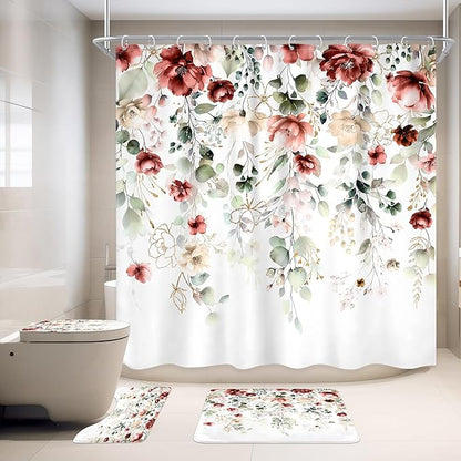 4 PCS Red Burgundy Floral Flower Shower Curtain Set 72Wx72H Inch Watercolor Pastel Complete Bathroom Set Non-Slip Bath Rug Toilet Lid Cover and U Shape Mat Accessories 12 Hooks Bathoom Decor