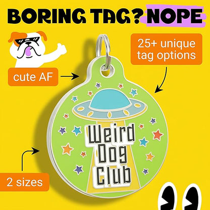 Bad Tags Personalized Dog and Cat ID Tags in 25+ Designs and 2 Sizes - 5 Lines of Custom Engraved Text - Funny Cute Personalized Pet Tags (Weird Dog Club, Large (1.25 inch))