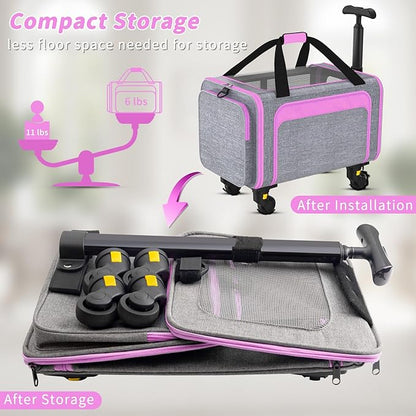 Rolling Pet Carrier with Detachable Wheels - 18x11x11 TSA Airline Approved for Southwest Delta United American, Soft Sided Expandable Travel Bag for Small Dogs & Cats up to 15Lbs, Fits Under Seat