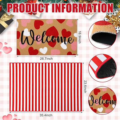 Tinideya 2 Pcs Valentine Door Mat Heart Welcome Outdoor Non Slip Coir Mats Red and White Stripe Floor Layering Doormats Seasonal for Front Porch Entryway Decor(Valentine Heart)