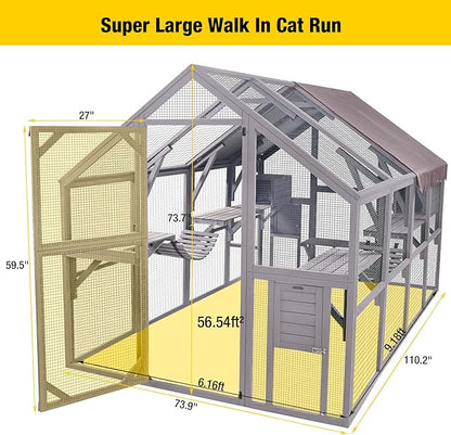 Aivituvin Extra Large Catio Outdoor Cat Enclosure Window Design for 10-20 Cats, 74"H Walk-In Patio Cat House with 4 Access Doors, Waterproof Roof, Spacious Kitty Cage for Multiple Indoor Outdoor Cats