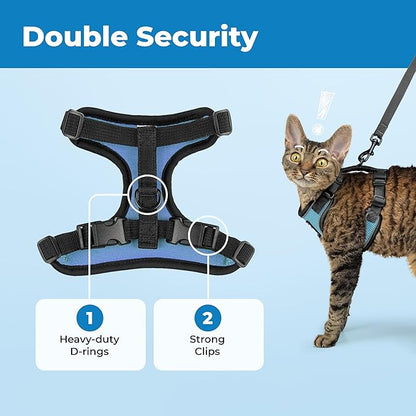 Voyager Escape-Proof Step-in Lock Cat Harness & 5ft Neoprene-Handle Leash Set All-Weather Mesh with Reflective Stitching for Small to Large Cats by Best Pet Supplies, Black Trim-Baby Blue (327), XXS