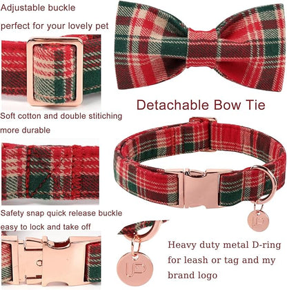 Christmas Plaid Dog Collar with Bow Tie– Adjustable Red & Green Checkered Dog Collar for Small Medium Large Dogs, Soft Xmas Plaid Puppy Collars with Quick Release Buckle XL