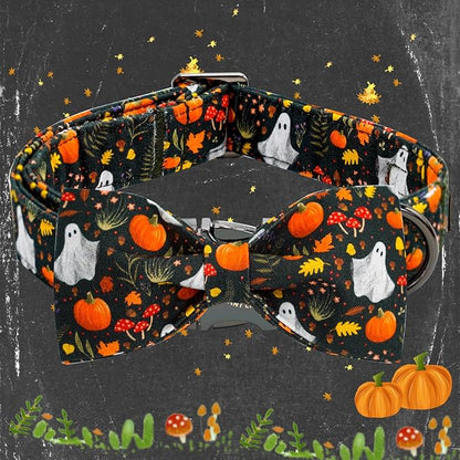 Elegant little tail Fall Dog Collars, Ghosts Pumpkin Print Halloween Pet Collar Puppy Male Cotton Dog Collar with Bow Adjustable Collars for Small Medium Large Dogs