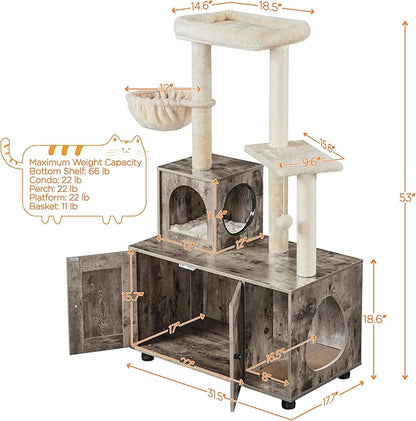 Yaheetech Litter Box Enclosure with Cat Tree, All-in-one Indoor Kitten House w/Scratching Posts, Wooden Cat Litter Box Furniture w/Kitty Condo, Platform, Greige/Beige