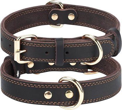 Joytale Leather Dog Collar for Medium Dogs, Genuine Thick Solid Leather, Heavy Duty Sturdy Pet Collar, Adjustable Metal Pin Buckle for Reliable Daily Training and Walking, Brown, M
