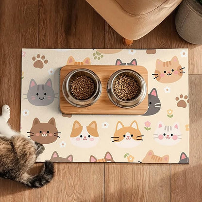 Cat Feeding Mat 24x16 inch Beige Kitten Print Pet Bowl Placemat Non Slip Floor Mat for Food and Water Indoor Kitty Feeding Station Cute Meal Pad for Small Pets Kitchen Use