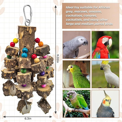 PINVNBY Wood Parrot Toys for Large Birds, Wire Link Durable Macaw Toys Extra Large Natural Wooden Blocks Chew Toy for African Grey Macaws Cockatiels Eclectus