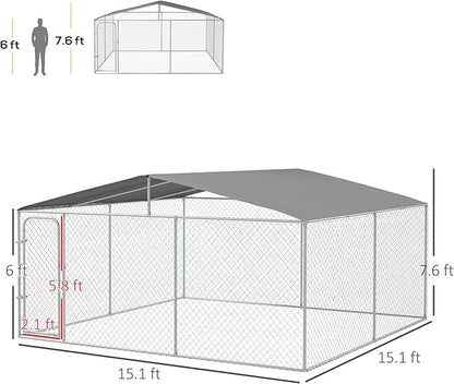 PawHut Outdoor Dog Kennel, Heavy Duty Dog Run Outdoor Fence with Waterproof Cover, Galvanized Chain Link, Secure Lock, for Large Breeds, Chickens, Ducks, 15' x 15' x 7.5'