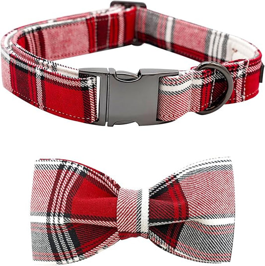Dog Collar, Christmas Dog Collar Plaid Pet Collar Bow Holiday Bows Girl Boy Puppy Collar Adjustable Pet Collar for Small Dogs
