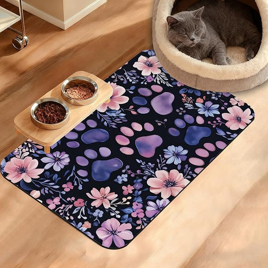Paw Print Dog Food Mat,Watercolor Flower Absorbent Pet Feeding Mat for Food and Water Bowl,Quick Dry Dog Placemat Non Slip Rubber Backing Waterproof Pet Supplies 16" x 24"