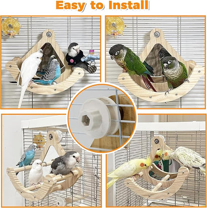 Bird Perch Toy with Mirror for Cage, Interactive Rocking Parakeet Toys and Perches, Wood Exercise Wheel Cockatiel Toys, Birds Enrichment Toy for Parrot, Bird Cage Accessories Perch for Budgies Conure