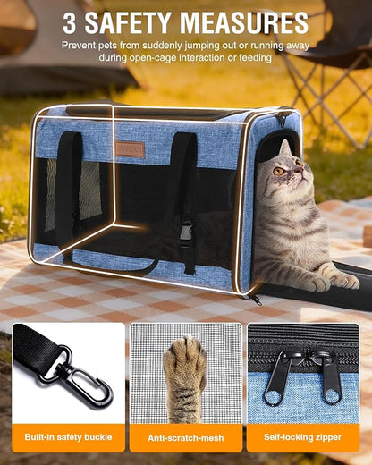 PETUX Large Pet Carrier for Large Cats ＆ Small Dogs - Up to 20Lb, Top and Side Entry, 4 Side Breathable, Foldable Soft Cat Travel Carrier with Safety Car Seat Buckle and Anti-Scratch Mesh - Blue