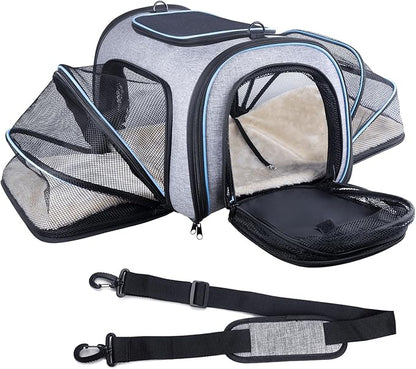 Siivton Airline Approved Pet Carrier, 4-Way Expandable Cat Dog Carrier for Under-Seat Travel, Soft-Sided Portable Pet Bag with Removable Fleece Pad, Fits Small Pets Up to 15 lbs (18"x 11"x 11")