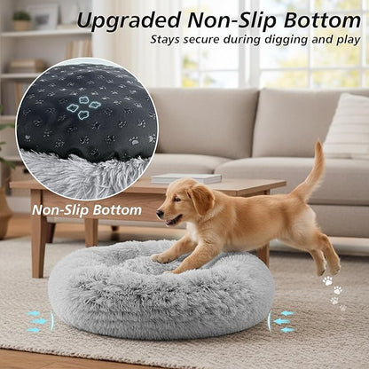 JOLLYVOGUE Calming Dog Bed Medium Size Dog, Anti-Anxiety Donut Medium Dog Bed, 31 inches Fluffy Faux Fur Cushion Bed for Dogs and Cats, Fits up to 45 lbs Pets (Smoke Grey)
