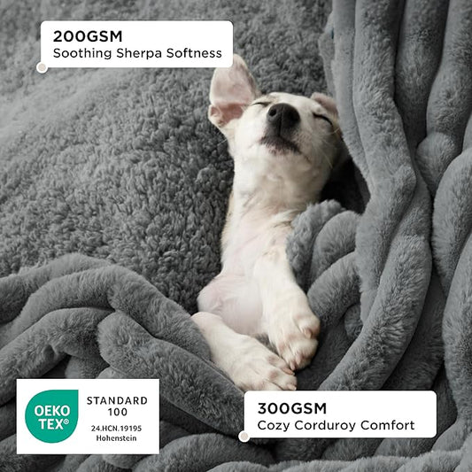 Bedsure ComfyFleece™ Waterproof Dog Blankets for Medium Dogs - Soft Puppy Cat Blanket Corduroy Fleece Washable, Cozy Calming Reversible Furniture Protection for Pet Kitten Doggy,30"x40", Warm Grey