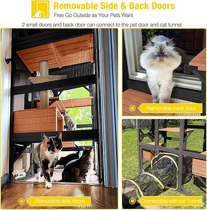 Aivituvin Catio Outdoor Cat Enclosure with Scratch Post, Hammock, Large Window Cat House for 2-6 Mulitiple Cats Walk in Kitty Cage with Tarp Roof 70" Black